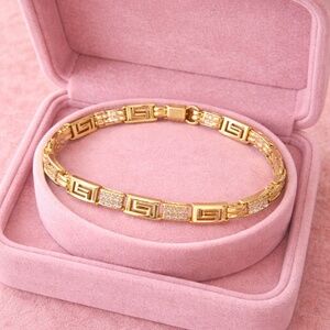 14k gold bracelet with circle medallions - Greek key medallion